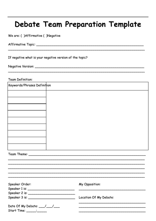 Debate Team Preparation Template Printable pdf