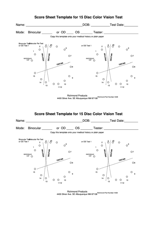 Score Sheet Template For 15 Disc Color Vision Test Printable pdf