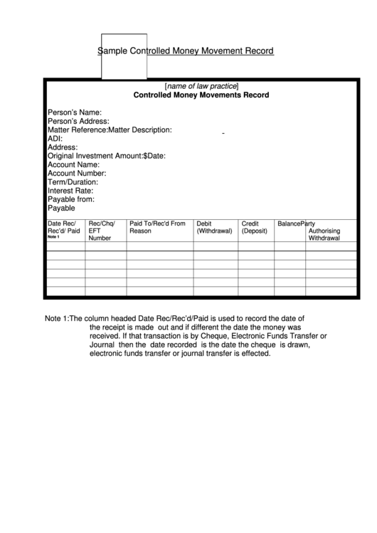 Sample Controlled Money Movement Record Printable pdf