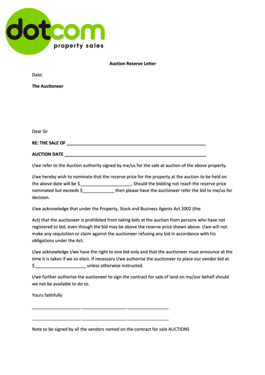 Auction Reserve Letter Printable pdf