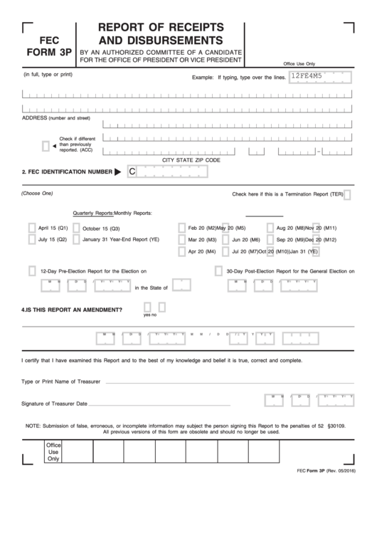 Fec Form 3p - Report Of Receipts And Disbursements Printable pdf