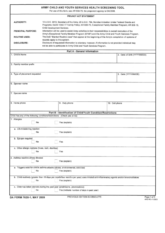 Form 7625-1 - Army Child And Youth Services Health Screening Tool Printable pdf