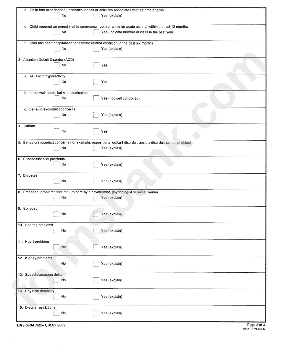 Form 7625-1 - Army Child And Youth Services Health Screening Tool