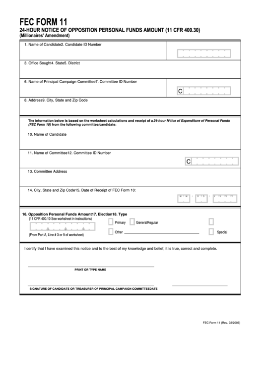 Fec Form 11 - 24-Hour Notice Of Opposition Personal Funds Amount Printable pdf