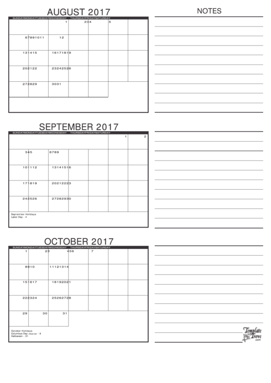 August To October - Calendar Template - 2017 Printable pdf