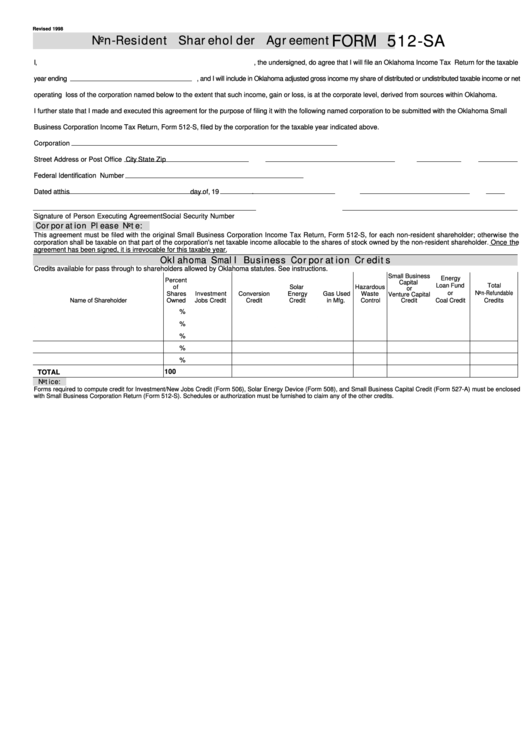 Fillable Form 512-Sa - Non-Resident Shareholder Agreement Printable pdf