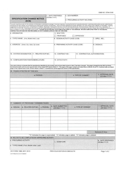 Dd Form 1696 - Specification Change Notice (Scn) Printable pdf