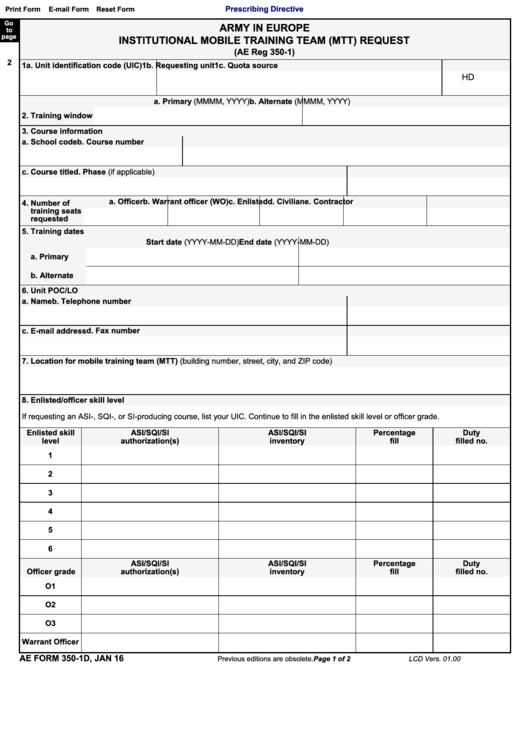 Fillable Ae Form 350-1d - Army In Europe Institutional Mobile Training Team (Mtt) Request Printable pdf