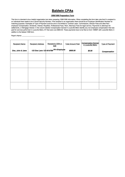 Fillable 1099/1098 Preparation Form Printable pdf