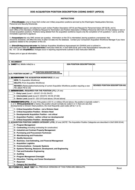 Fillable Sd Form 812 - Dod Acquisition Position Description Coding Sheet (Apdcs) Printable pdf