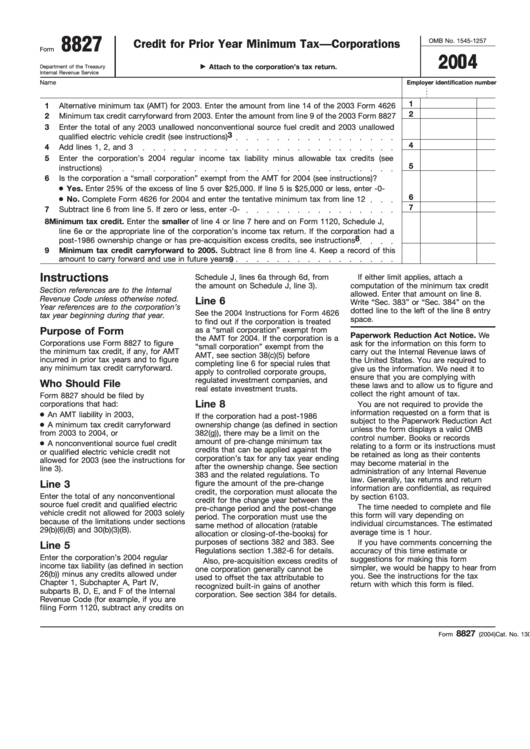 Fillable Form 8827 - Credit For Prior Year Minimum Tax - Corporations 