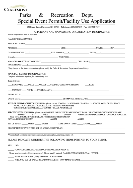 Special Event Permit/facility Use Application Form - Parks And Recreation Department - City Of Claremont Printable pdf