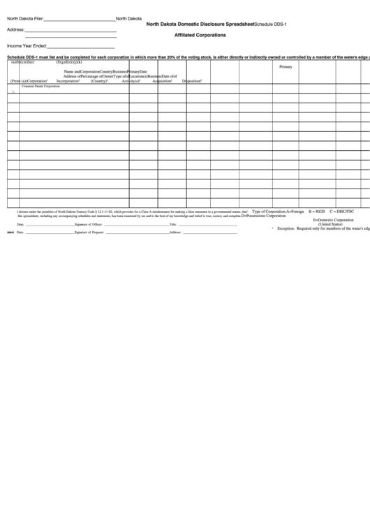 Fillable Schedule Dds-1 - North Dakota Domestic Disclosure Spreadsheet Affiliated Corporations Printable pdf