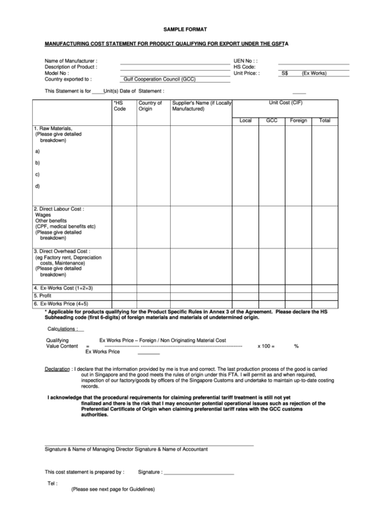Manufacturing Cost Statement For Product Qualifying For Export Under The Gsfta Printable pdf
