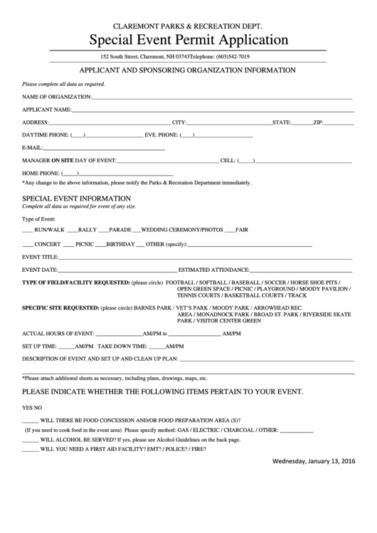 Special Event Permit Application Form - Claremont Parks And Recreation Department