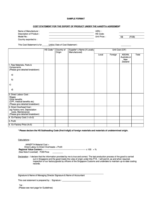 Cost Statement For The Export Of Product Under The Aanzfta Agreement Printable pdf
