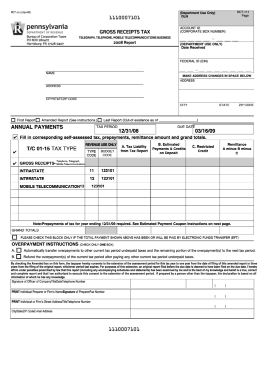 Form Rct-111 - Gross Receipts Tax - Pennsylvania Department Of Revenue - 2008 Printable pdf