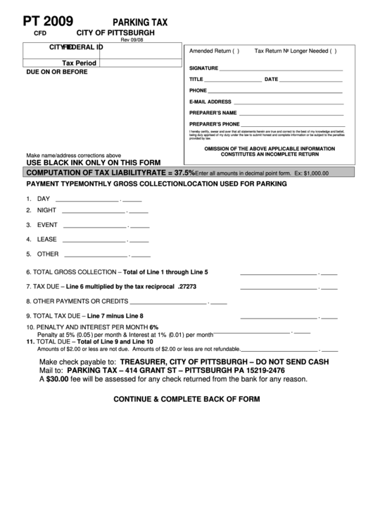 Form Pt 2009 - Parking Tax - City Of Pittsburgh printable pdf download