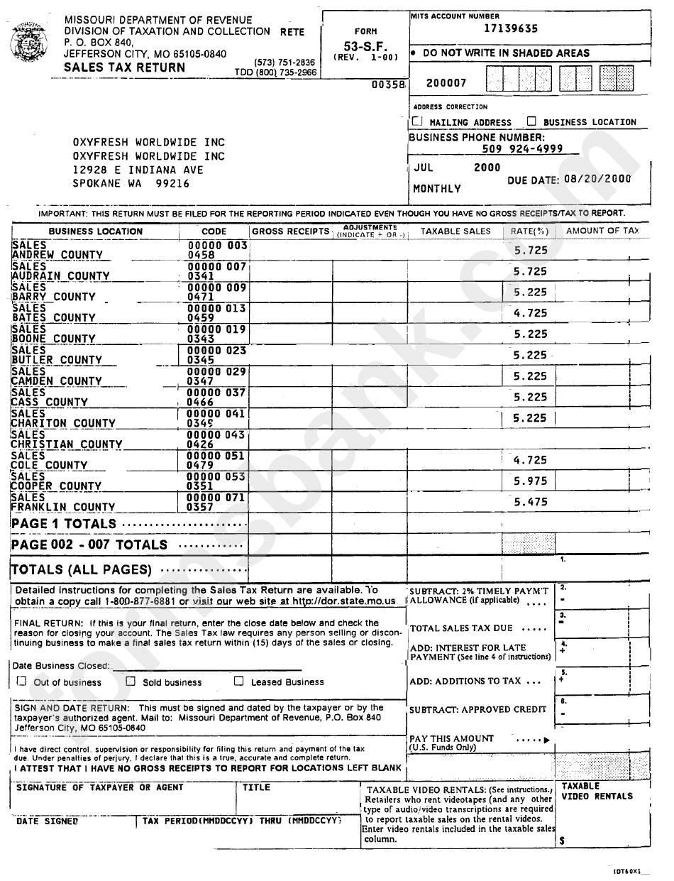 Form 53-S.f. - Sales Tax Return - Missouri Department Of Revenue