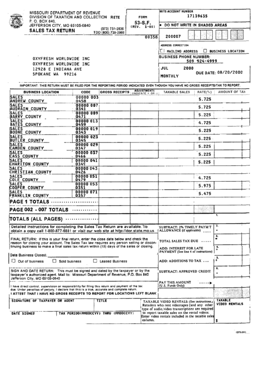 Form 53-S.f. - Sales Tax Return - Missouri Department Of Revenue Printable pdf