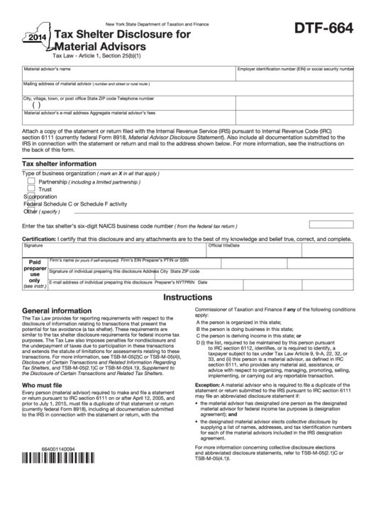 Form Dtf-664 - Tax Shelter Disclosure For Material Advisors - 2014 Printable pdf