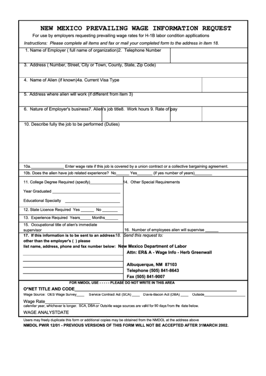 Fillable New Mexico Prevailing Wage Information Request Form Printable pdf