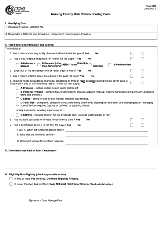 Fillable Form 2333 - Nursing Facility Risk Criteria Scoring Form Printable pdf