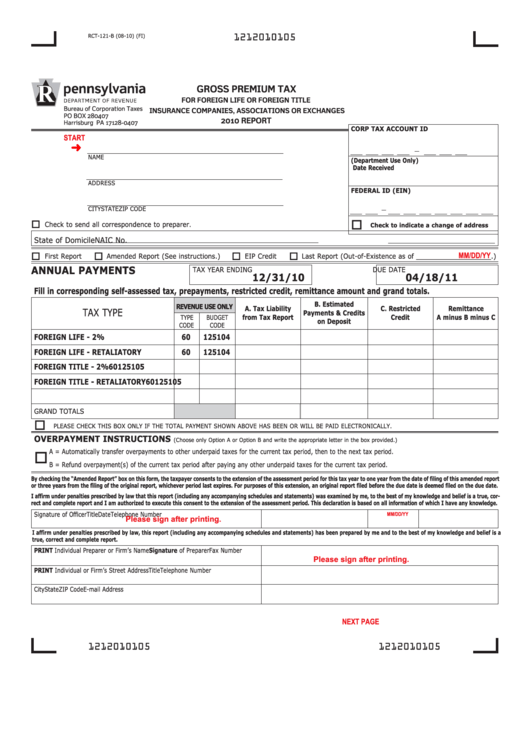 Fillable Form Rct-121-B - Gross Premium Tax - 2010 Printable pdf