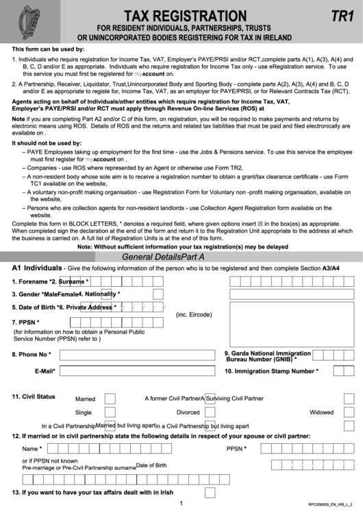 Form Tr1 - Tax Registration For Resident Individuals, Partnerships, Trusts Or Unincorporated Bodies Registering For Tax In Ireland Printable pdf