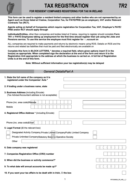 Form Tr2 - Tax Registration For Resident Companies Registering For Tax In Ireland Printable pdf
