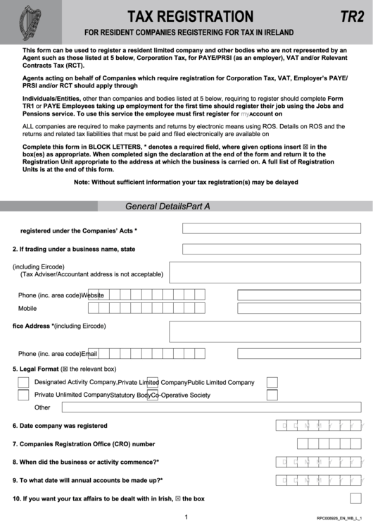 Form Tr2 - Tax Registration For Resident Companies Registering For Tax In Ireland Printable pdf