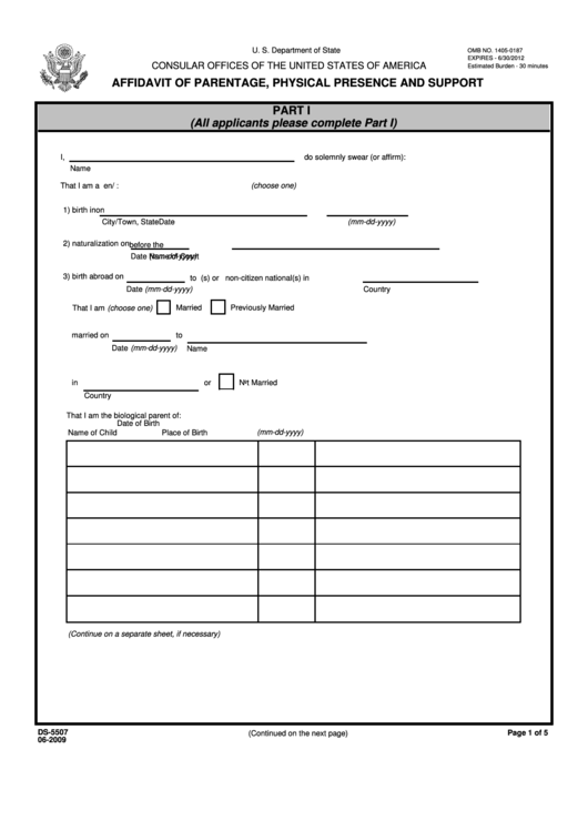 Fillable Form Ds-5507 - Affidavit Of Parentage, Physical Presence And Support Printable pdf