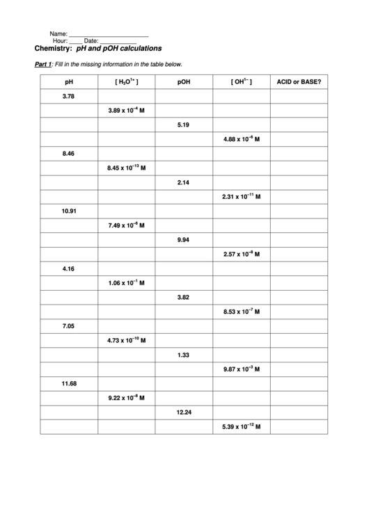 Ph And Poh Calculations Worksheet With Answers Printable Pdf Download