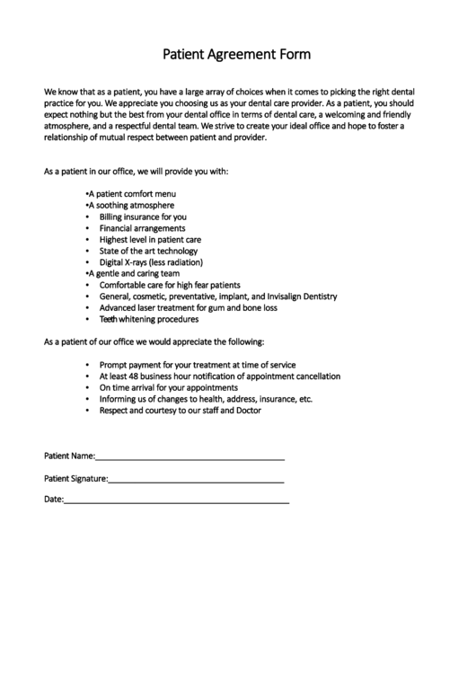 Patient Agreement Form Printable pdf