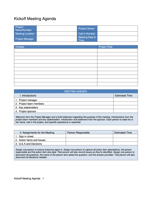 Kickoff Meeting Agenda Printable pdf
