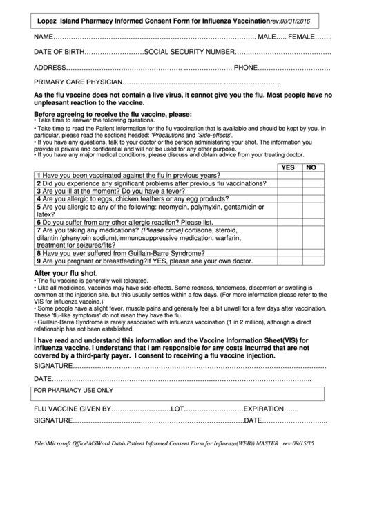 Fillable Informed Consent Form For Influenza Vaccination Printable pdf
