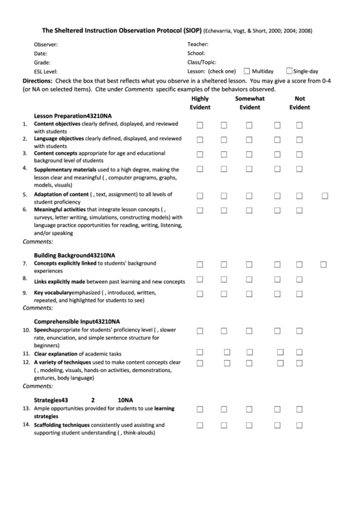 The Sheltered Instruction Observation Protocol (Siop) Form Printable pdf