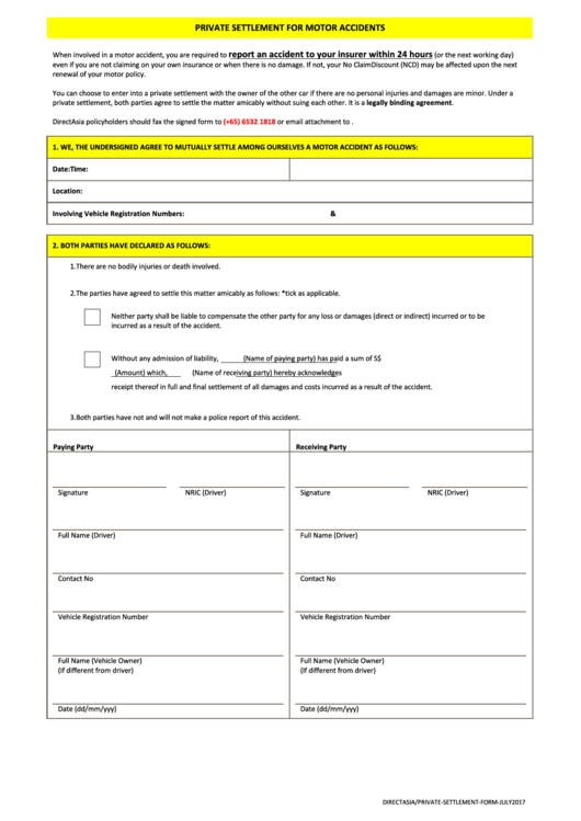 Private Settlement For Motor Accidents Printable pdf