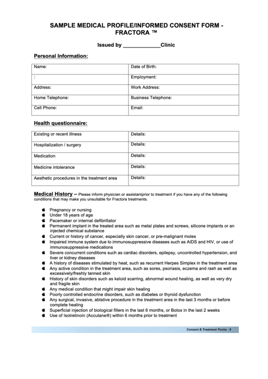Sample Medical Profile/informed Consent Form - Fractora Printable pdf