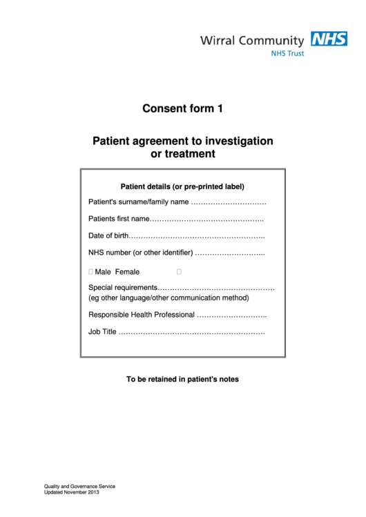 Patient Agreement To Investigation Or Treatment Printable pdf