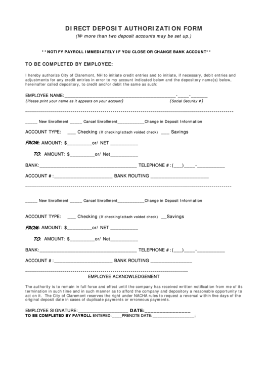 Fillable Direct Deposit Authorization Form - City Of Claremont Printable pdf