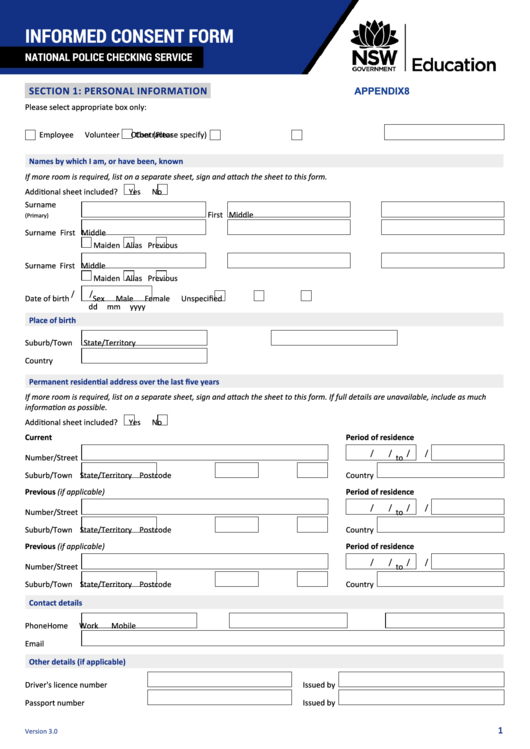 Fillable Informed Consent Form National Police Checking Service Printable pdf
