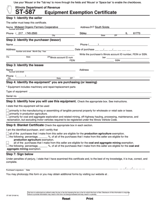 Fillable Form St-587 - Equipment Exemption Certificate - 2014 Printable pdf