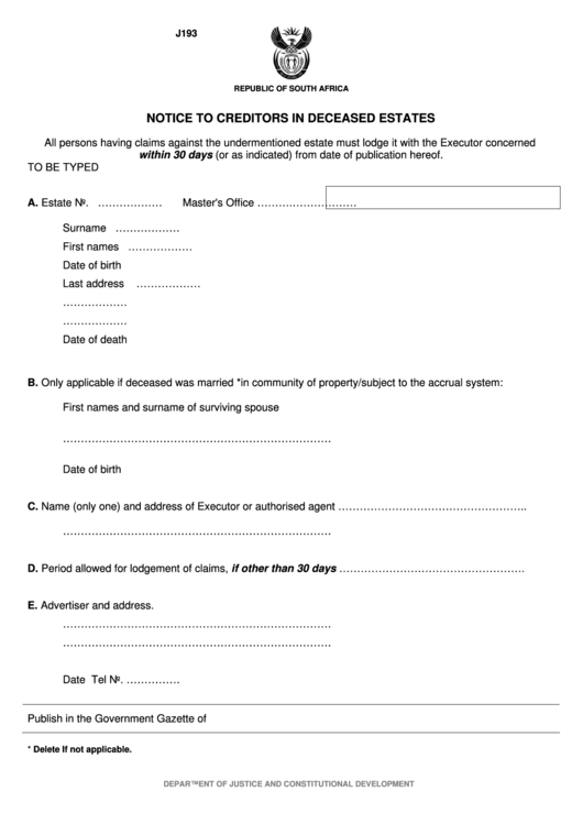 Fillable Form J193 - Notice To Creditors In Deceased Estates Printable pdf