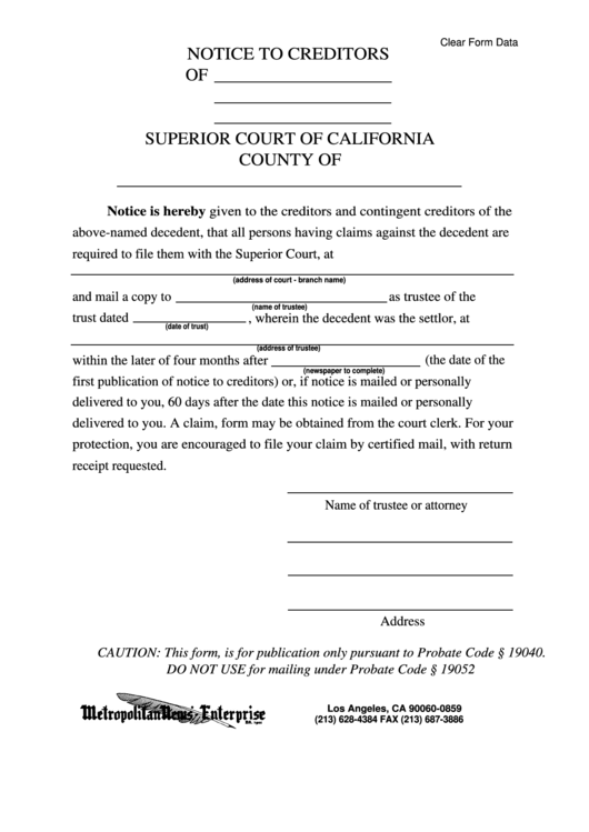 Fillable Notice To Creditors - Superior Court Of California Printable pdf