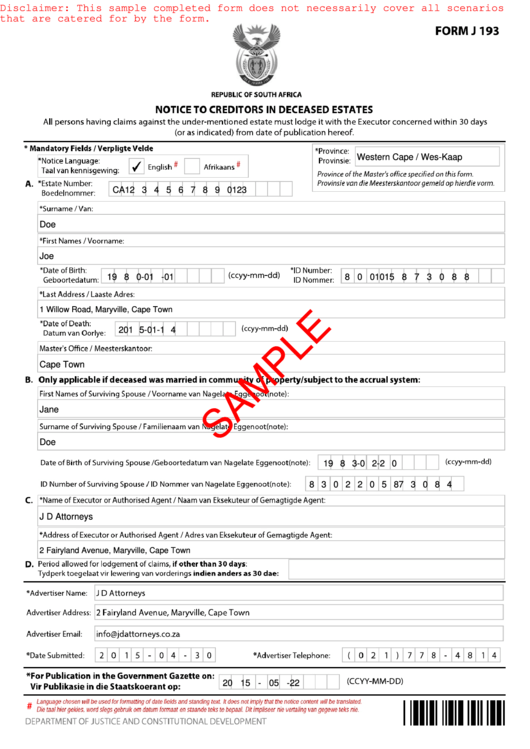 Form J 193 Sample - Notice To Creditors In Deceased Estates Printable pdf