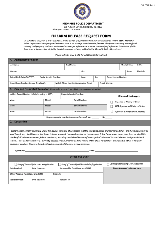 Firearm Release Request Form - Memphis Police Department Printable pdf