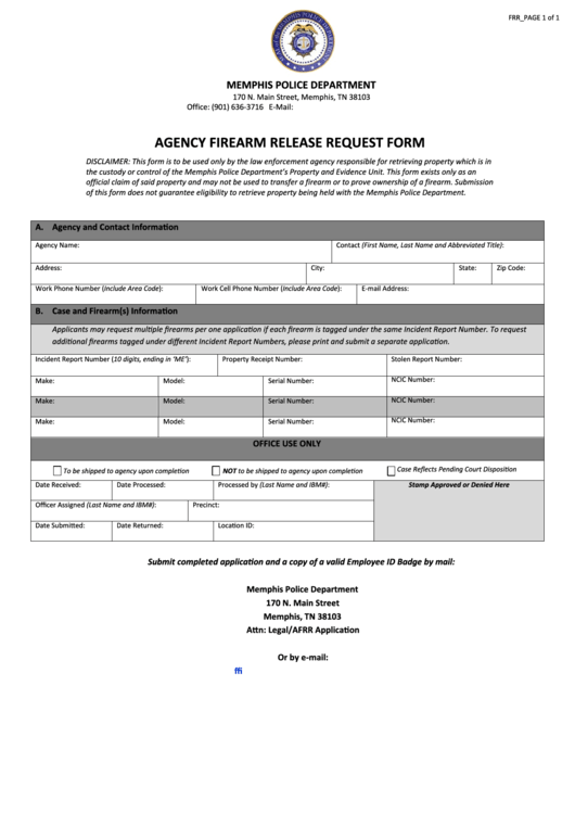 Agency Firearm Release Request Form - Memphis Police Department Printable pdf