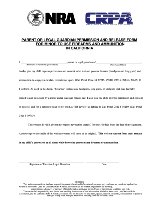 Fillable Parent Or Legal Guardian Permission And Release Form For Minor To Use Firearms And Ammunition In California Printable pdf