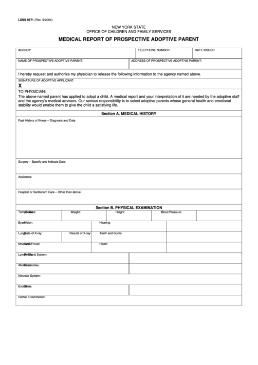 Form Ldss 0571 - Medical Report Of Prospective Adoptive Parent Printable pdf